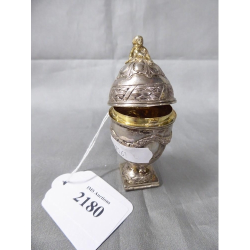 2180 - Egg Shaped Silver Pill Box with Hidden Compartment in Base Stamped AI 93, gilded interior, cherub fi... 