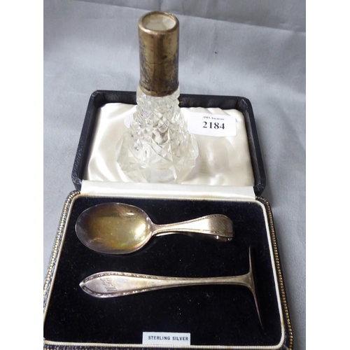 2184 - Silver Cased Spoon & Pusher & Silver Mounted Glass Scent Bottle (missing stopper).