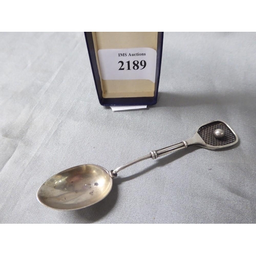 2189 - Silver Spoon formed as a Tennis Racket & Ball, approx 0.3oz troy