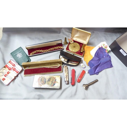 2221 - Small Box - Assorted Costume Jewellery, Penknives, Mouthpieces etc.