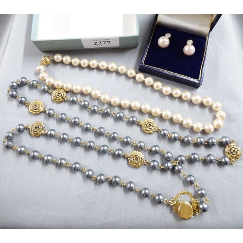 2277 - Faux Pearl Earrings & Necklaces, one marked Chanel