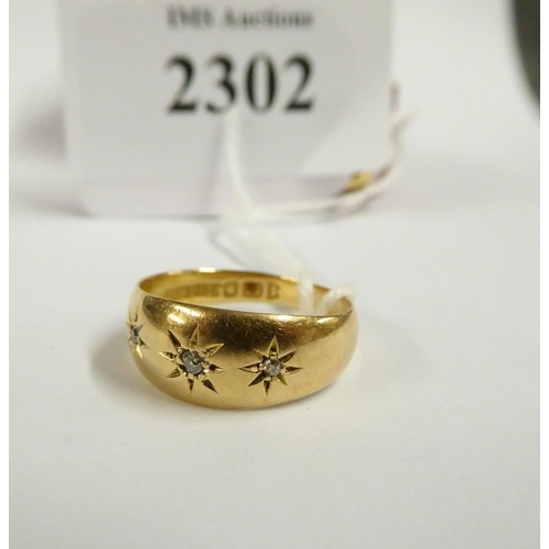 2302 - Victorian 18ct Gold Ring Size UK J, inset with three diamond chips - approx 3g.