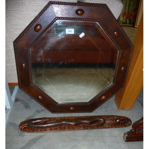 3071 - Oak Octagonal Bevelled Wall Mirror & Anglo Indian Carving