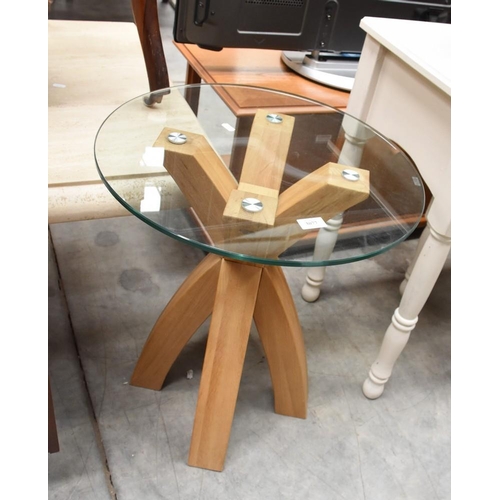 3077 - Oak Pedestal Lamp Table with Glass Top