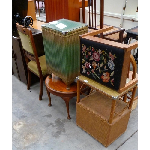 3177 - Tapestry Top Dressing Stool, Circular Mahogany Coffee Table & 2 Lloyd Loom Storage Boxes