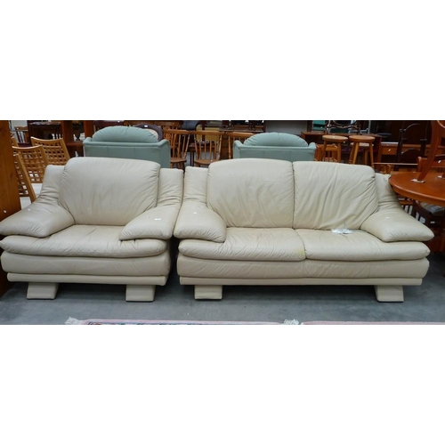 3260 - Cream Leather Two Seat Sofa and Chair