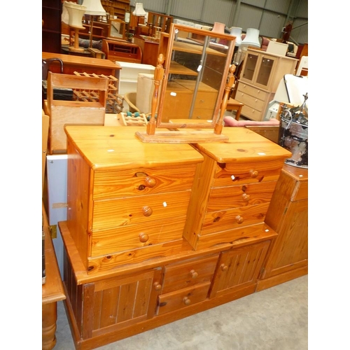 3333 - Pine TV Cabinet, Pair Pine Three Drawer Bedsides and Dressing Mirror