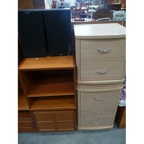 3162 - 2 Limed Oak Bedsides ,teak stereo cabinet and a pair of speakers