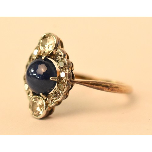 2305 - Art Deco 18ct Gold Cabuchon Sapphire & Diamond Dress Ring, Size UK O, approx 3g.