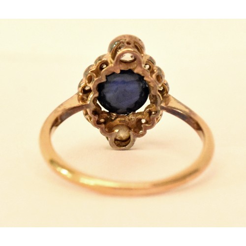 2305 - Art Deco 18ct Gold Cabuchon Sapphire & Diamond Dress Ring, Size UK O, approx 3g.