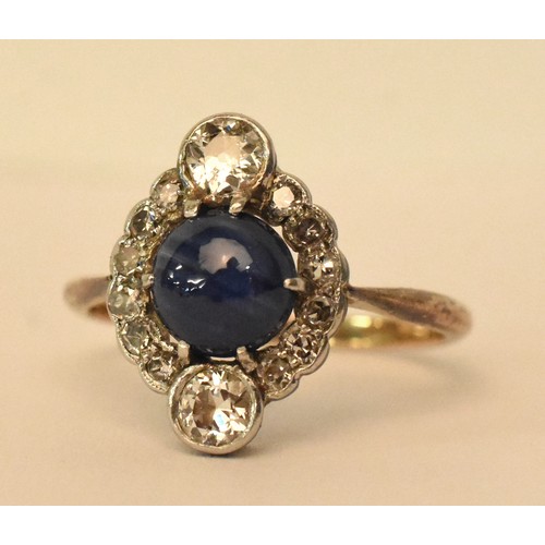 2305 - Art Deco 18ct Gold Cabuchon Sapphire & Diamond Dress Ring, Size UK O, approx 3g.