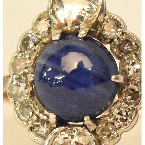 2305 - Art Deco 18ct Gold Cabuchon Sapphire & Diamond Dress Ring, Size UK O, approx 3g.