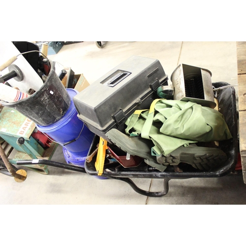 104 - Wheelbarrow, Waders, Bottle Jack etc