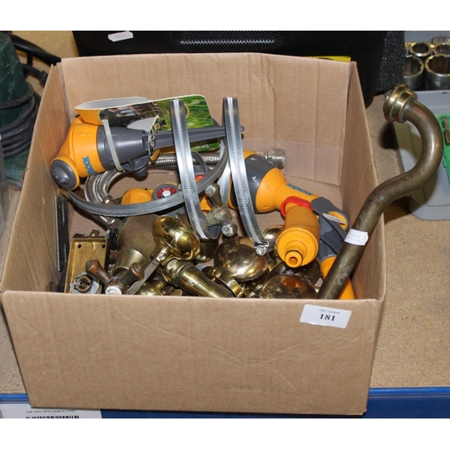 181 - Box with Brass Door Handles, Mixer Taps and Hose Pipe Attachments