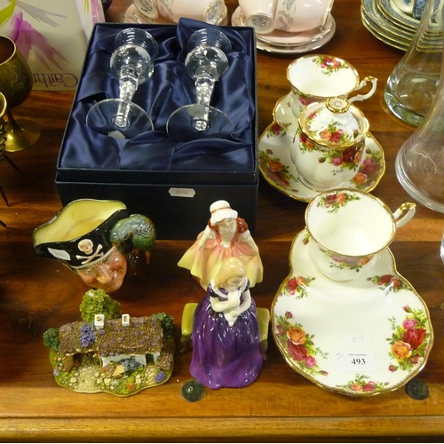 493 - Stuart Crystal Candle Sticks, Two Royal Doulton, Country Rose China Etc