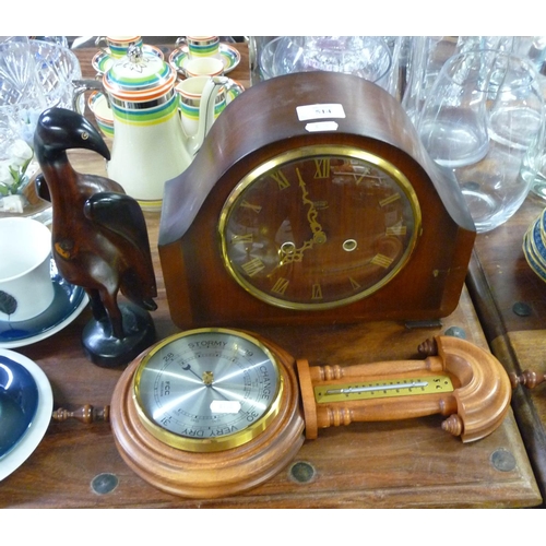 514 - Smiths Mahogany Mantle Clock, Barometer & Carved Hardwood Bird