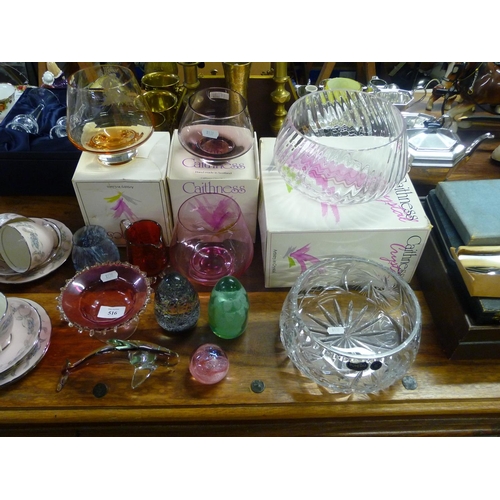 516 - Assorted Glass Including, Kaithness Cranberry Paper Weight Etc