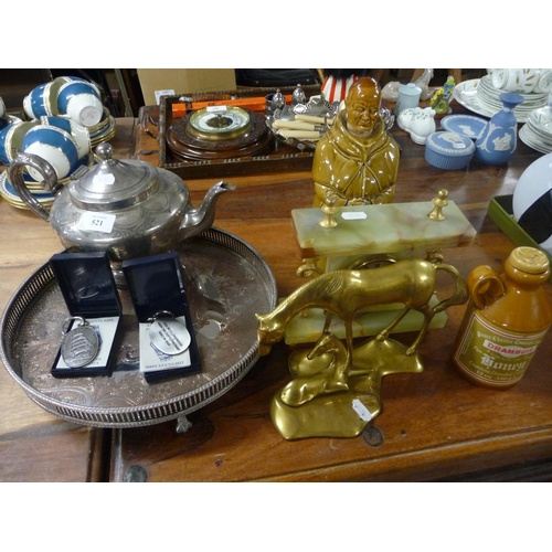 521 - Silver Plated Tray & Teapot, Onyx Mantle Clock, Whisky Decanter Etc.