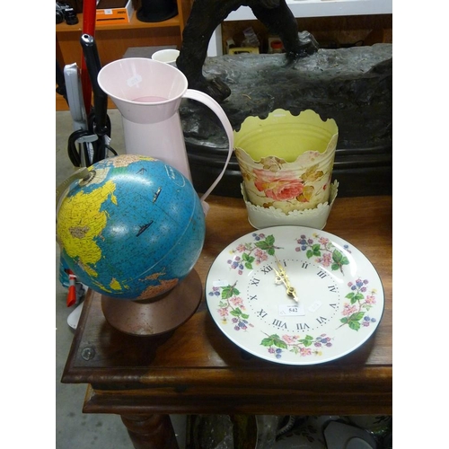 542 - Vintage Globe, Royal Vale Clock, Tin Jug and Planters