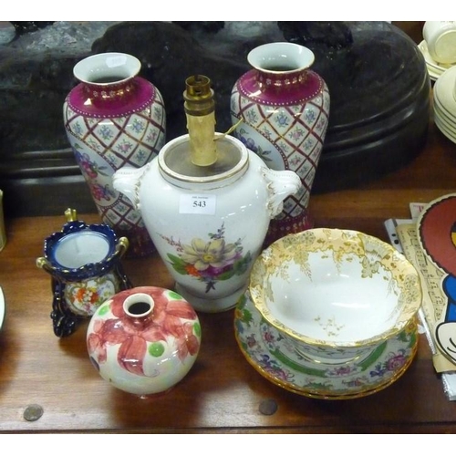 543 - Hand Painted Lamp Base, Pair of Vases, Cauldron, Cauldron Plates etc