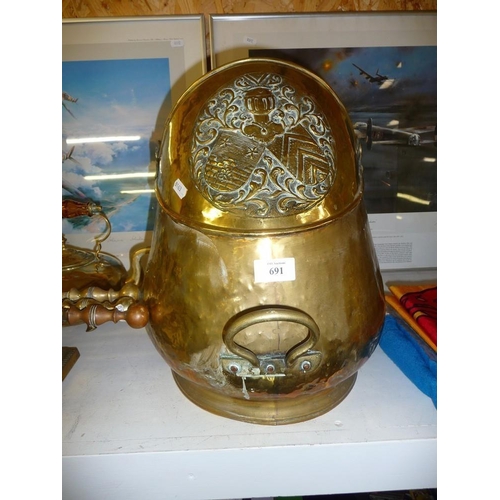 691 - Vintage Brass Coal Helmet With Embossed Crest