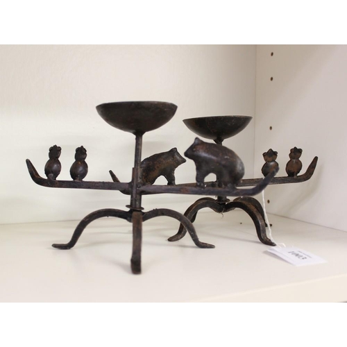 1003 - Pair of Vintage Arts & Crafts Wrought Iron Candle Holders with rotating decorative mounts.