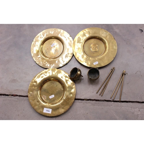 1006 - Two Miniature Brass Gypsy Cooking Pots on Tripod Stands & Three Heavy Brass Plates.