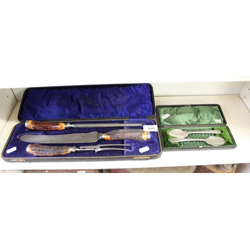 1009 - Cased Stag Horn Handled Carving Set & Cased Pair of Preserve Spoons.