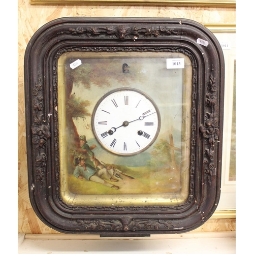 1013 - Antique Fusee Cuckoo Clock with white enamel dial & Roman Numerals, the surround painted with Hunter... 