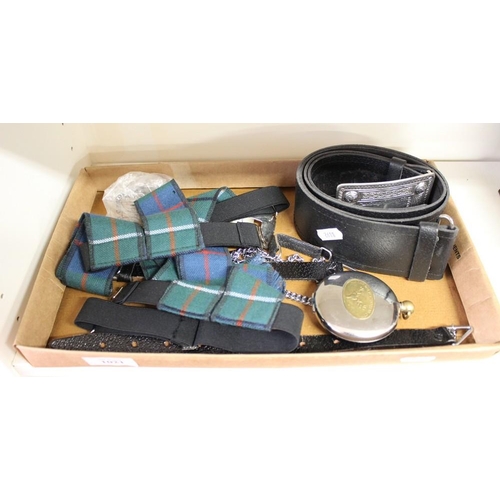 1021 - Tray Lot - Leather Highland Dress Belt, Shoe Buckles, Bag of Buttons, Stirrup Cup.