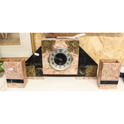 1026 - Art Deco Style Mantel Clock Garniture - pink & black marble with metal mounts.