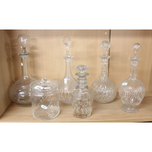 1044 - Collection of Crystal and Glass Decanters and a Lidded Jar