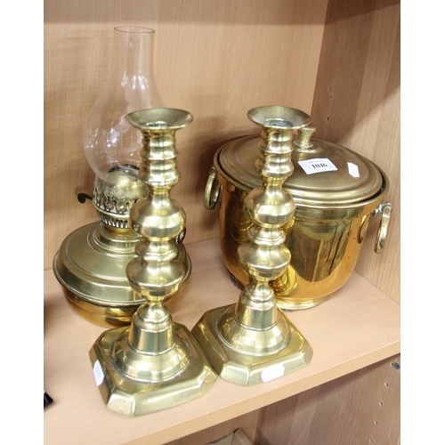 1046 - Pair Brass Candlesticks/Brass Oil Lamp & Brass Ice Bucket