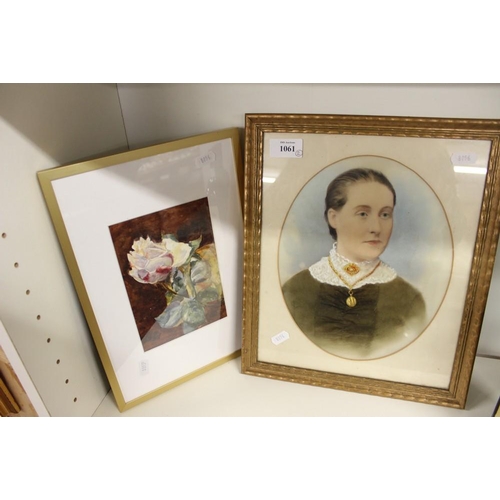 1061 - Framed Antique Portrait of Lady and Still Life of Rose