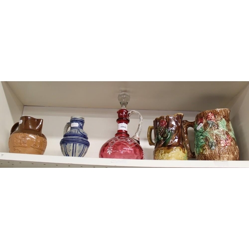 1066 - 4 Vintage Pottery Jugs and Cranberry Glass Decanter