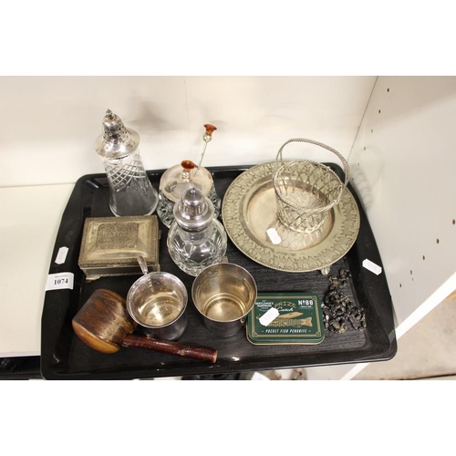 1074 - Tray - Assorted Silver Plate, Crucifix, Vintage Pipe etc