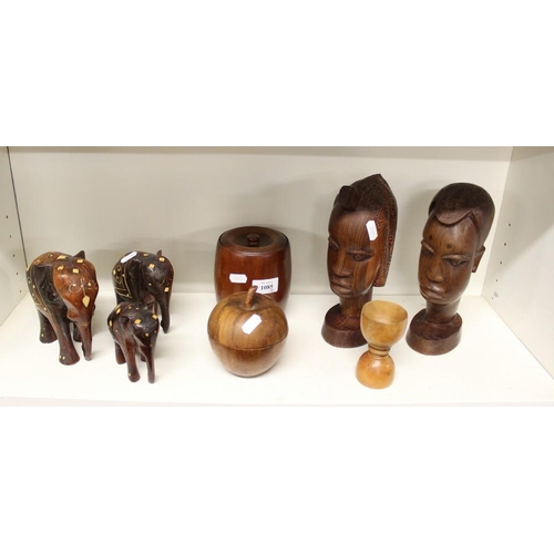 1085 - Two African Busts, 3 Graduated Elephants, Turned Wooden Jars and Covers etc