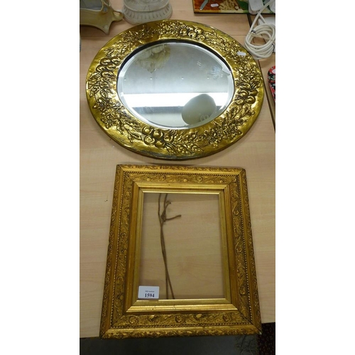 1594 - Circular Brass Framed Bevelled Mirror and a Gilded Picture Frame