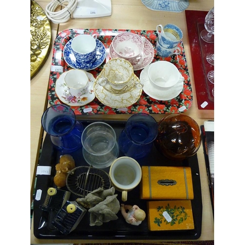 1597 - 2 Trays - Cabinet Cups and Saucers, Glass Fishing Float, Wooden Boxes Etc.