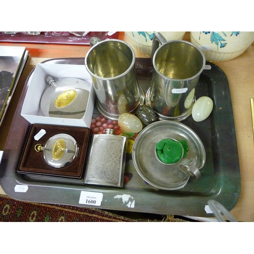 1600 - Tray - Pewter Tankards, Hip Flasks Etc.