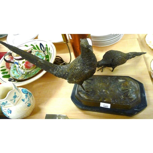 1603 - Pair of Bronze Pheasants on Marble Base - As found, 1 Bird Broken from Sculpture