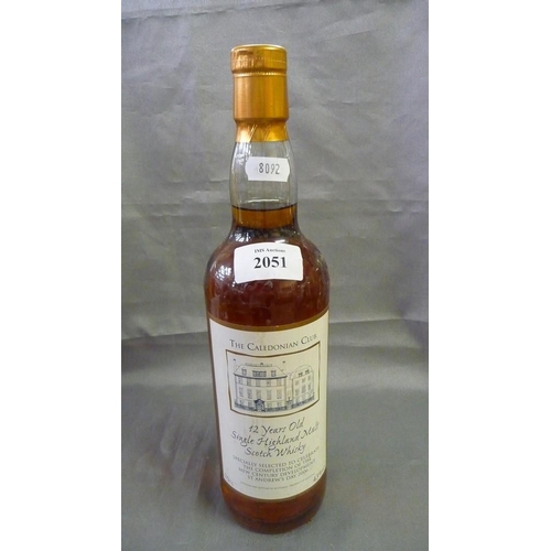 2051 - Bottle of The Caledonian Club 12 Year Old Highland Malt Scotch Whisky