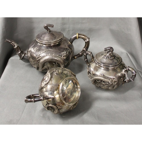 2119 - Chinese 3 Piece Tea Service Embellished with 3 Clawed Dragons - 44.6ozt approx