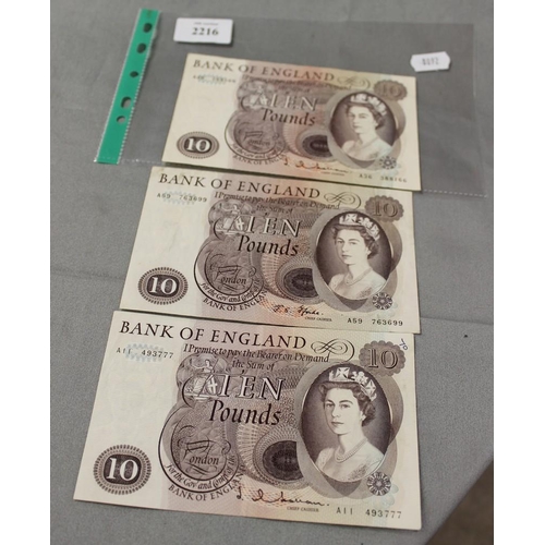 3 1960's Bank of England £10 Notes