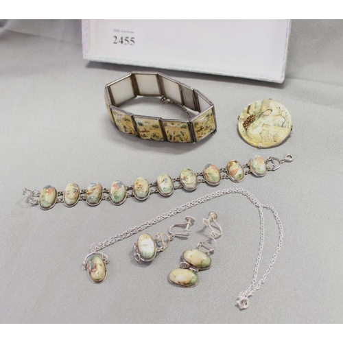 2455 - Eastern White Metal & Painted Mother of Pearl Bracelets, Pendant, Earrings etc