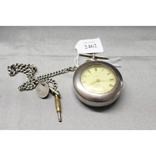 2462 - Antique Silver Pocket Watch & Chain with Coin Medallion & Winding Key