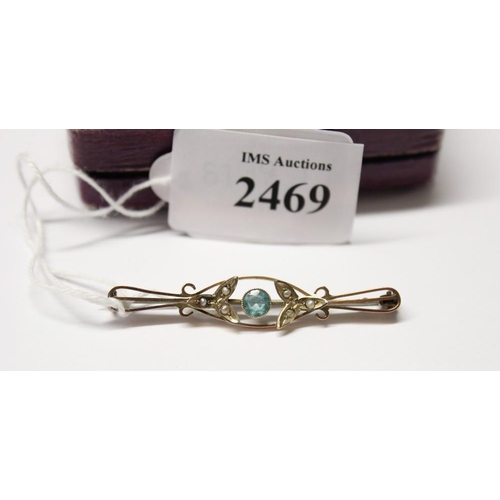 2469 - 9ct Gold Bar Brooch with Seed Pearls & Blue Stone.