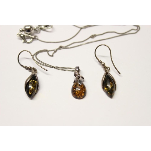 2471 - Silver Pendant & Chain, Amber Coloured Stone and Matching Earrings