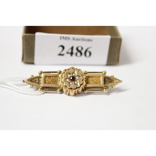 2486 - Late Victorian 9ct Gold Bar Brooch inset with Seed Pearls & central red jewel, total weight approx 2... 