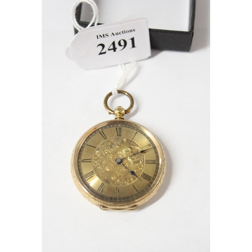 2491 - Victorian 18k Gold Fob Watch, engraved face with Roman Numerals, approx 39mm in diameter, total weig... 